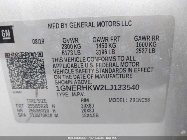 1GNERHKW2LJ133540 Chevrolet Traverse Fwd Lt Leather