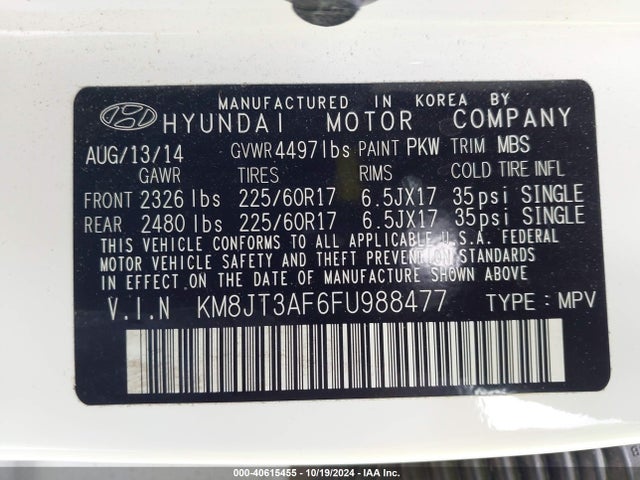 Hyundai TUCSON GLS 2015 KM8JT3AF6FU988477 Image 9