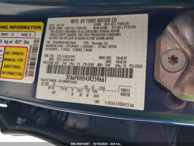 3FA6P0HD4JR259661 Ford FUSION SE