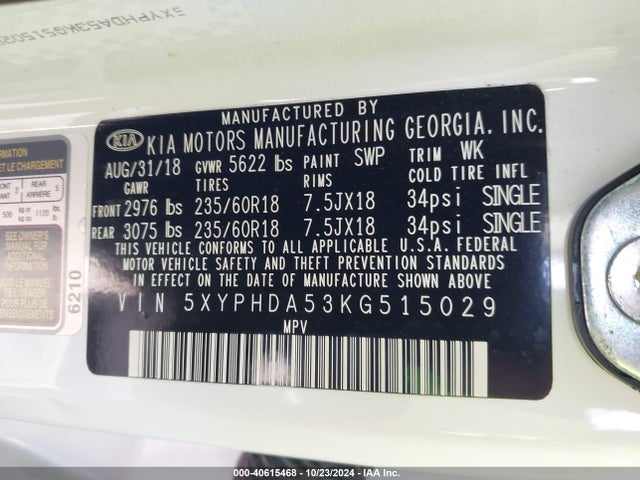 KIA Sorento 3.3l Ex 2019 5XYPHDA53KG515029 Image 9