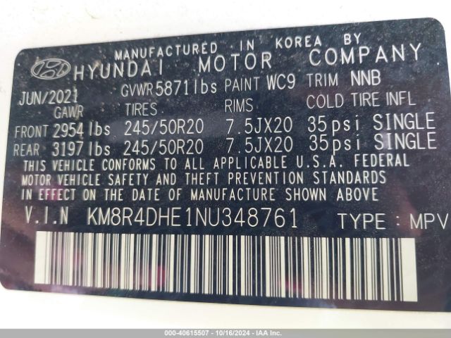 KM8R4DHE1NU348761 Hyundai Palisade Sel