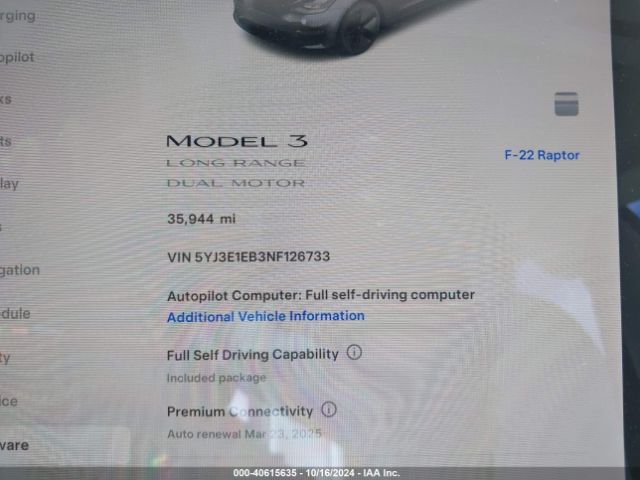 5YJ3E1EB3NF126733 Tesla Model 3 Long Range Dual Motor All-wheel Drive