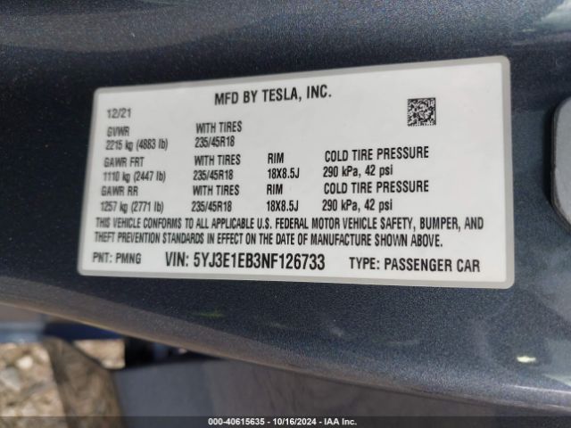 5YJ3E1EB3NF126733 Tesla Model 3 Long Range Dual Motor All-wheel Drive