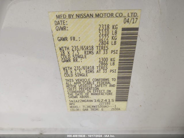 Nissan MURANO SL 2017 5N1AZ2MG4HN162415 Image 9