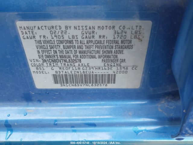 3N1CN8DV7NL832578 Nissan Versa 1.6 S Xtronic Cvt