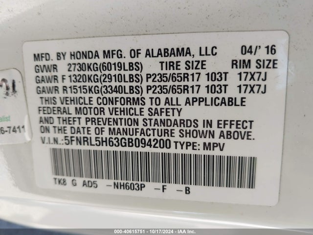 Honda Odyssey Ex-l 2016 5FNRL5H63GB094200 Image 9