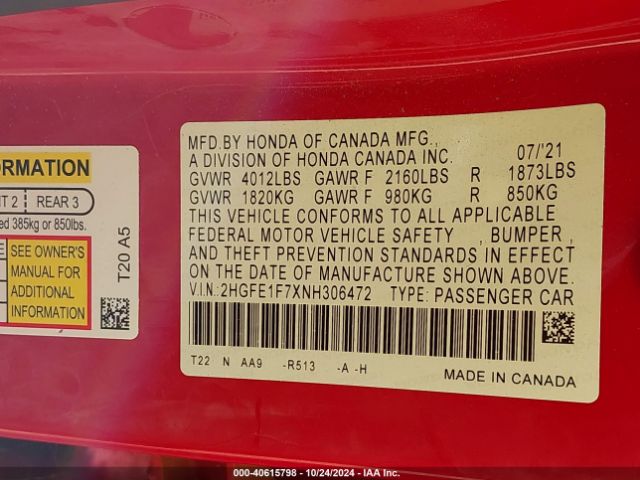 2022 HONDA CIVIC 2HGFE1F7XNH306472 Photo 8