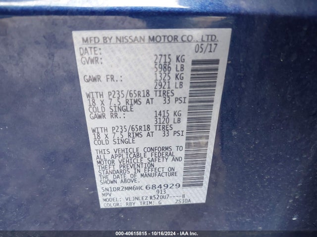 Nissan Pathfinder Sv 2017 5N1DR2MM6HC684929 Image 9