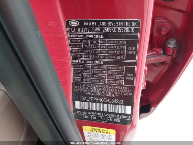 2012 Land Rover Lr2 მანქანა იყიდება აუქციონზე, vin: SALFR2BN0CH284233, აუქციონის ნომერი: 40615850