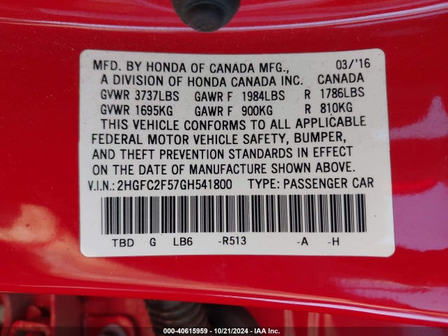 Honda Civic Lx 2016 2HGFC2F57GH541800 Image 9