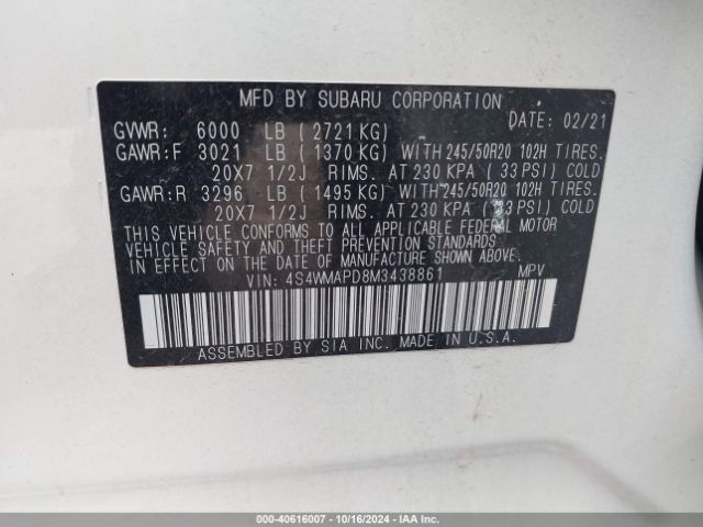 4S4WMAPD8M3438861 Subaru Ascent Limited