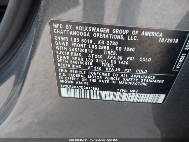 1V2LR2CA7KC610884 Volkswagen Atlas 3.6l V6 Se