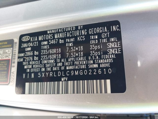 5XYRLDLC9MG022610 KIA SORENTO S