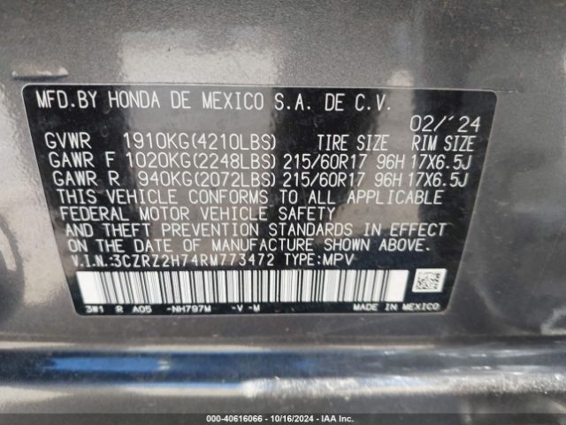 3CZRZ2H74RM773472 Honda Hr-v Awd Ex-l/awd Ex-l W/o Bsi