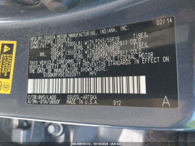 5TDDKRFH5ES020911 Toyota Highlander Limited Platinum V6