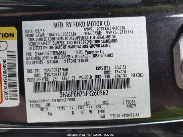 3FA6P0H75FR260562 Ford FUSION SE