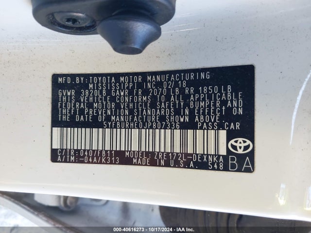 Toyota COROLLA LE 2018 5YFBURHE0JP807336 Image 9