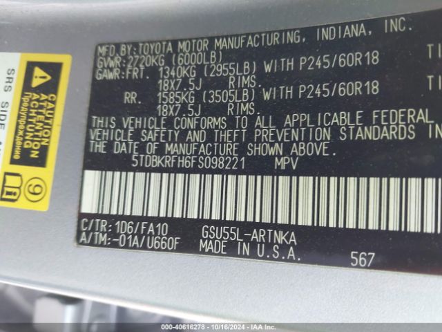 5TDBKRFH6FS098221 Toyota Highlander Le Plus V6