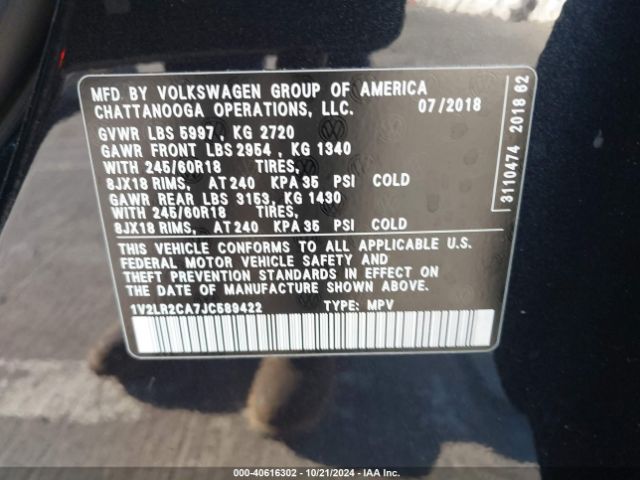 1V2LR2CA7JC589422 Volkswagen Atlas 3.6l V6 Se/3.6l V6 Se W/technology