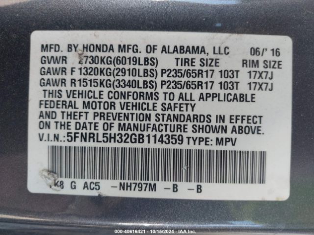 5FNRL5H32GB114359 Honda ODYSSEY SE