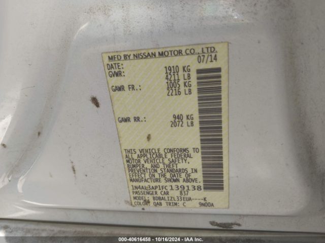1N4AL3AP1FC139138 Nissan Altima 2.5 Sv