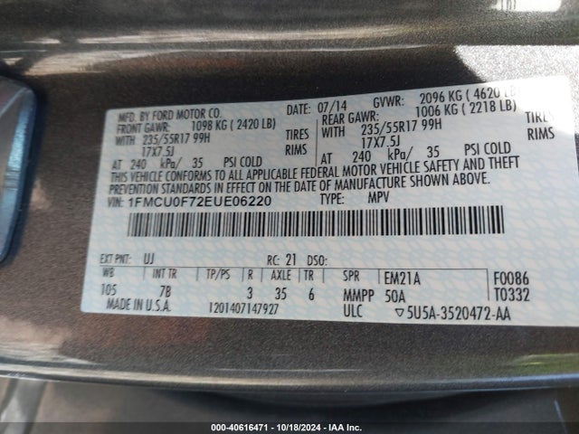 Ford ESCAPE S 2014 1FMCU0F72EUE06220 Image 9