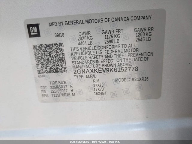 2GNAXKEV9K6152778 Chevrolet EQUINOX LT