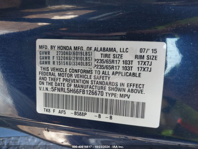 Honda Odyssey Ex-l 2015 5FNRL5H66FB126670 Image 9