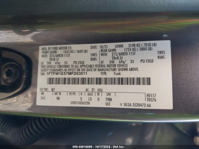 Ford F-150 Platinum 2021 1FTFW1E57MFD03511 Image 9