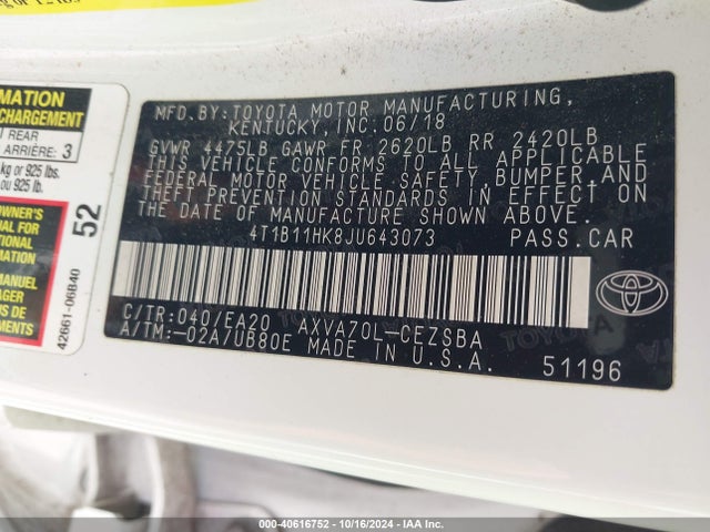 Toyota CAMRY SE 2018 4T1B11HK8JU643073 Image 9
