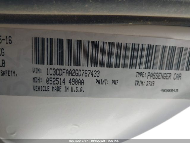 1C3CDFAA2GD767433 Dodge DART SE