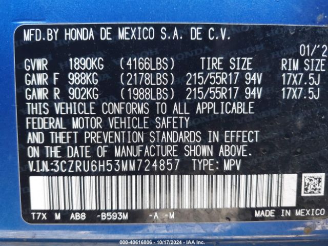 3CZRU6H53MM724857 Honda Hr-v Awd Ex