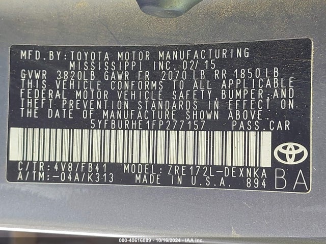 Toyota COROLLA LE 2015 5YFBURHE1FP277157 Image 9