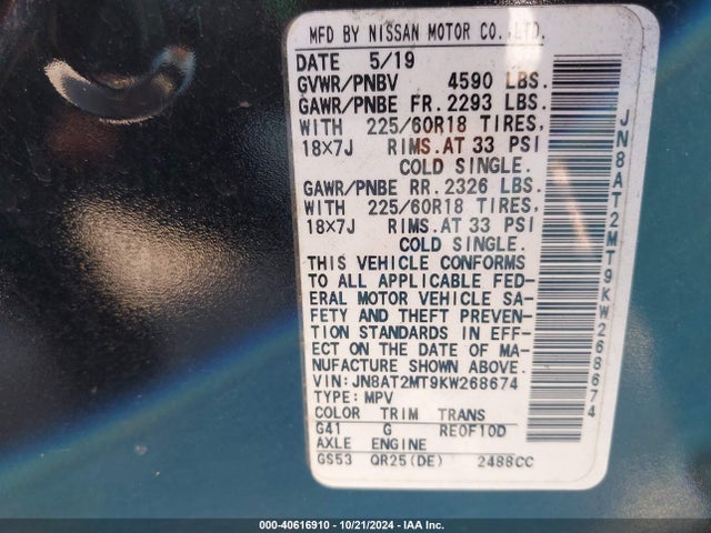 Nissan ROGUE SV 2019 JN8AT2MT9KW268674 Image 9