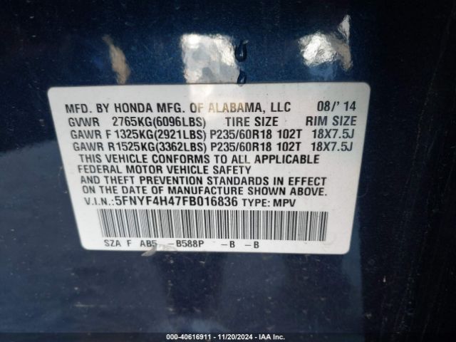 5FNYF4H47FB016836 Honda Pilot Ex