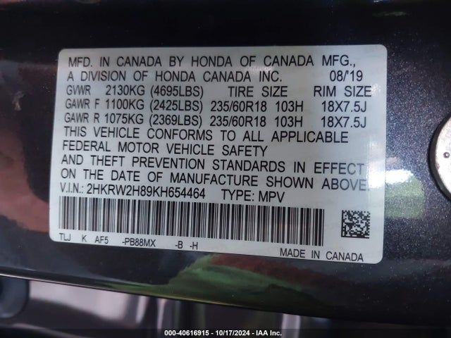 Honda Cr-v Ex-l 2019 2HKRW2H89KH654464 Image 9