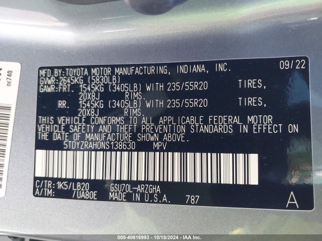 5TDYZRAH0NS138630 Toyota Highlander Limited