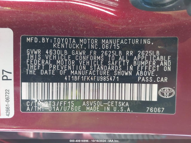 Toyota CAMRY SE 2015 4T1BF1FK4FU985471 Image 9