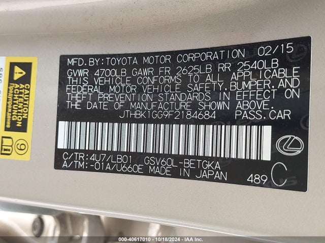 Lexus ES 350 2015 JTHBK1GG9F2184684 Image 9