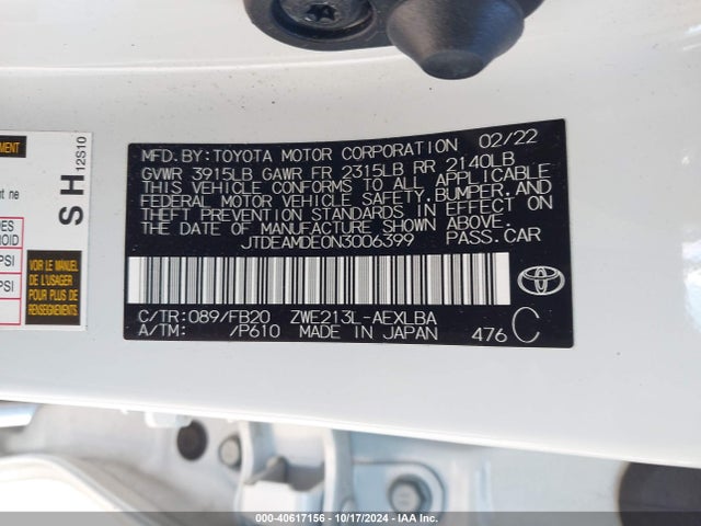 JTDEAMDE0N3006399 Toyota Corolla Hybrid Le