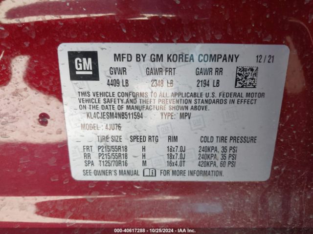 KL4CJESM4NB511594 Buick Encore Awd Preferred