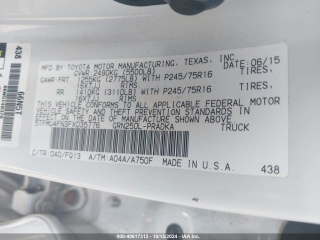 Toyota Tacoma Base V6 2015 5TFMU4FN3FX035776 Image 9