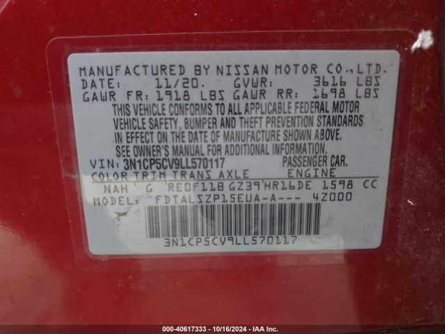 3N1CP5CV9LL570117 Nissan Kicks Sv Xtronic Cvt