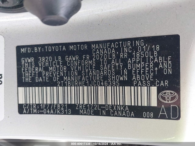 Toyota COROLLA LE 2018 2T1BURHE1JC046395 Image 9