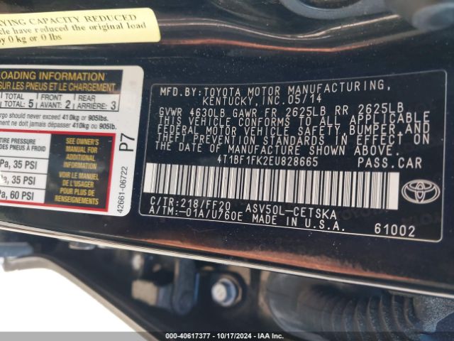 4T1BF1FK2EU828665 Toyota CAMRY SE