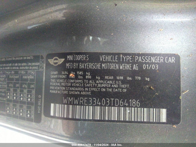 2003 MINI COOPER S WMWRE33403TD64186 Photo 8