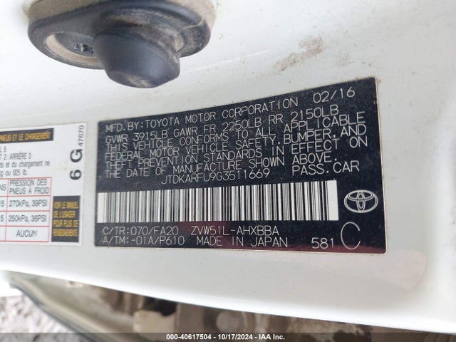 Toyota Prius Two Eco 2016 JTDKARFU9G3511669 Image 9