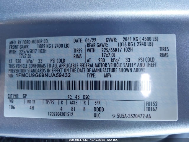 Ford ESCAPE SE 2022 1FMCU9G69NUA59432 Image 9
