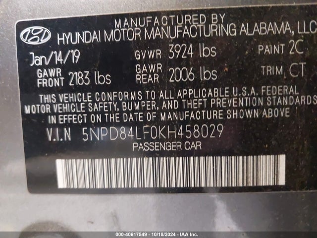 Hyundai ELANTRA SEL 2019 5NPD84LF0KH458029 Image 9