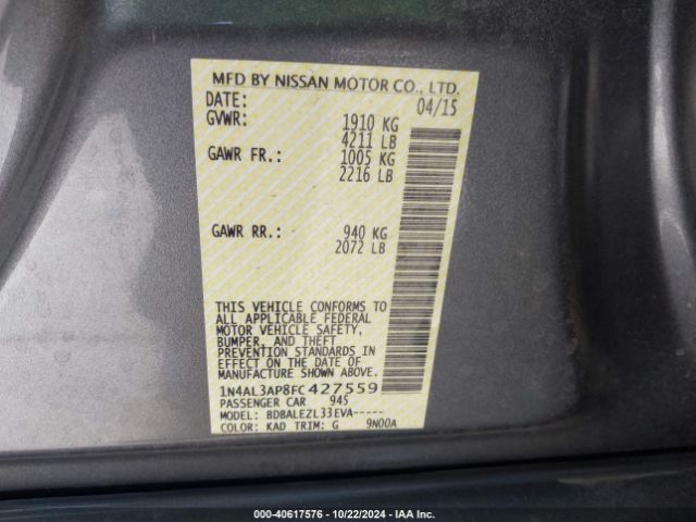 1N4AL3AP8FC427559 Nissan Altima 2.5/2.5 S/2.5 Sl/2.5 Sv